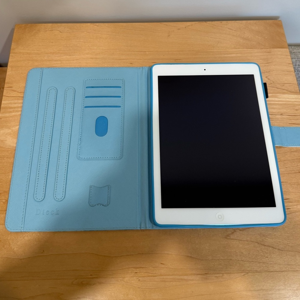 iPad Air wifi model with case and charger.